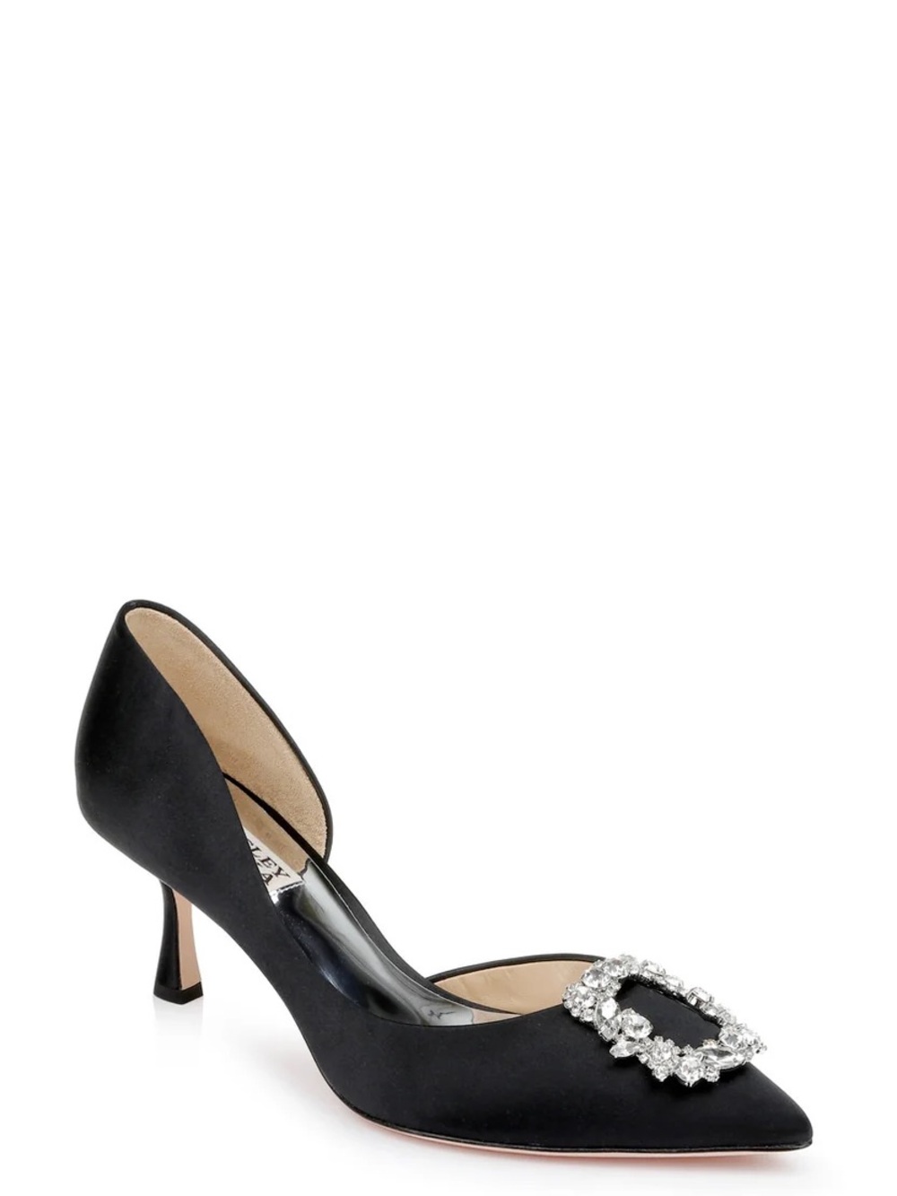 Badgley Mischka Black Satin Kitten Heels with Crystal Buckle
